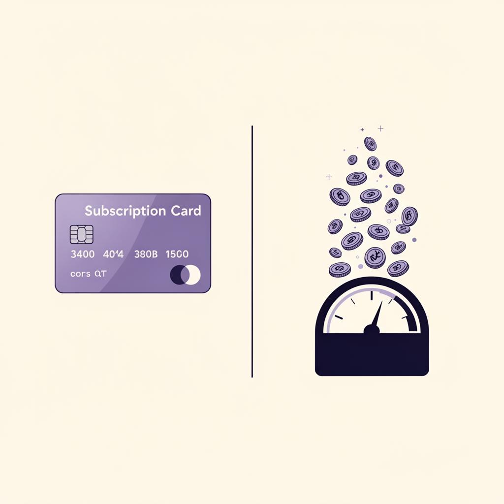 Editorial illustration contrasting a flat-rate subscription card with a stream of usage tokens flowing into a meter